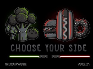 science, fun, funny, scientist, curiosity, curious, chemistry, biology, cute, design, illustration, drawing, star wars, food, healthy, trash food, burger, hot dog, broccoli